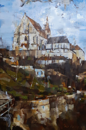 Kostel sv. Mikuláše v zimním slunci / olej na plátně / 50 x 70 cm / 2025