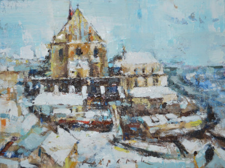 Skica zimního města / olej na desce / 24 x 18 cm / 2021